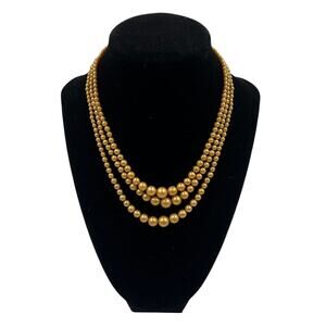 Vintage Triple Strand Faux Golden Pearl Necklace Classic MCM Antique Clasp